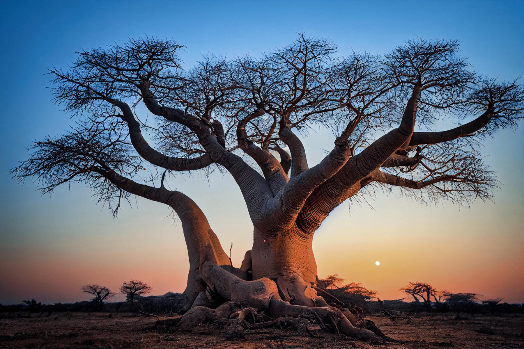 Baobab au coucher du soleil dans un paysage africain
