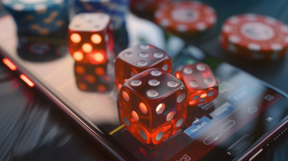 Dés rouges sur un smartphone avec une interface de jeu en ligne