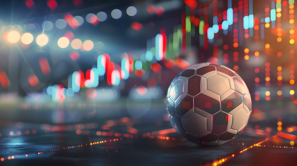Ballon de football devant des graphiques numériques représentant l’évolution des cotes